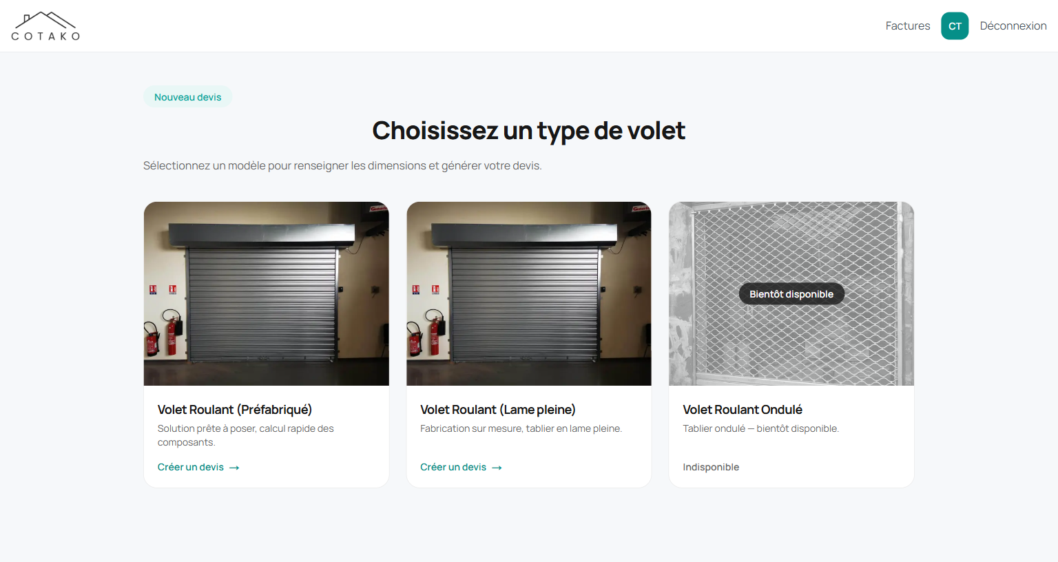 Choix du type de volet dans le tableau de bord COTAKO