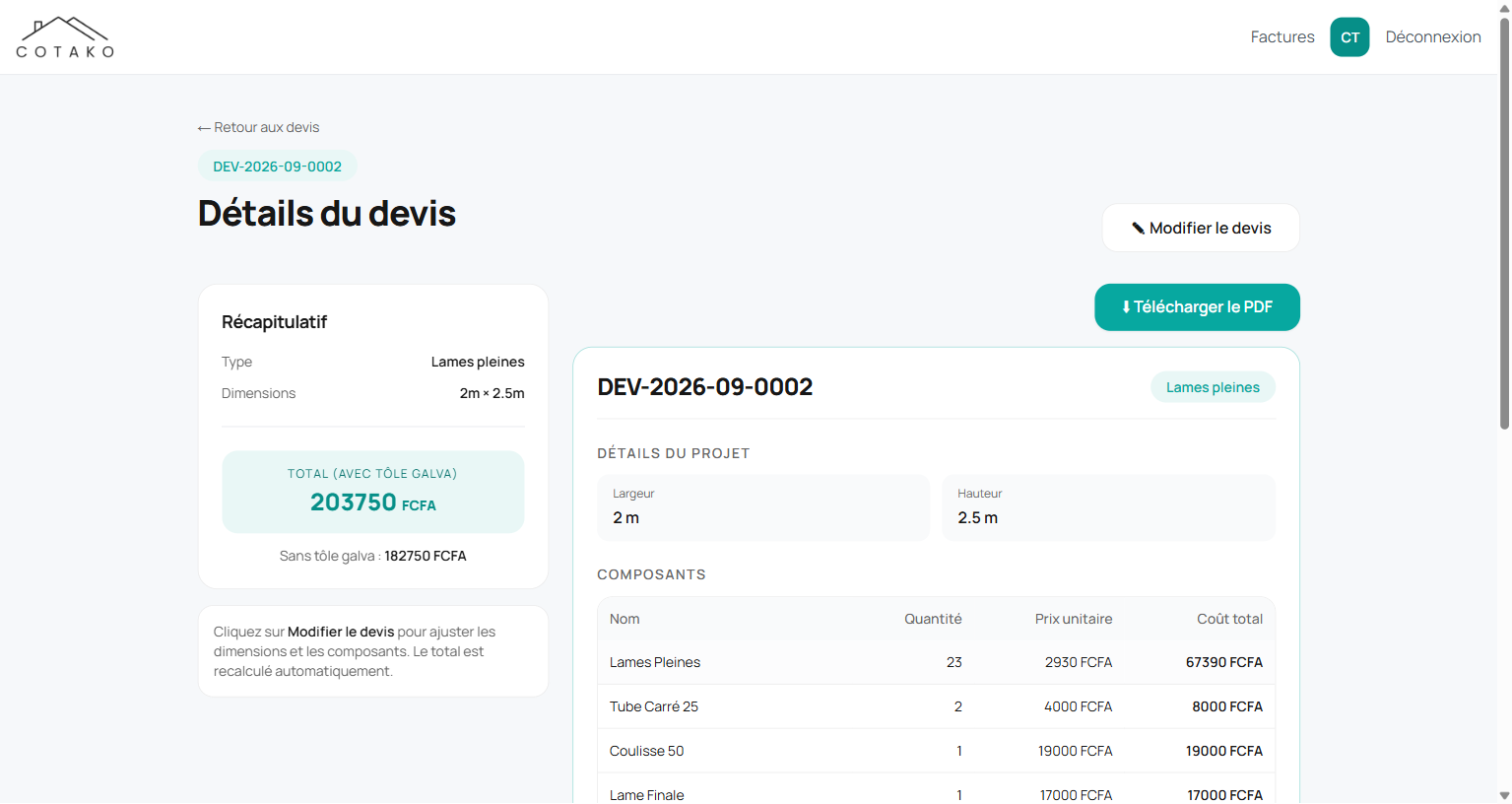 Devis détaillé avec composants, totaux et export PDF