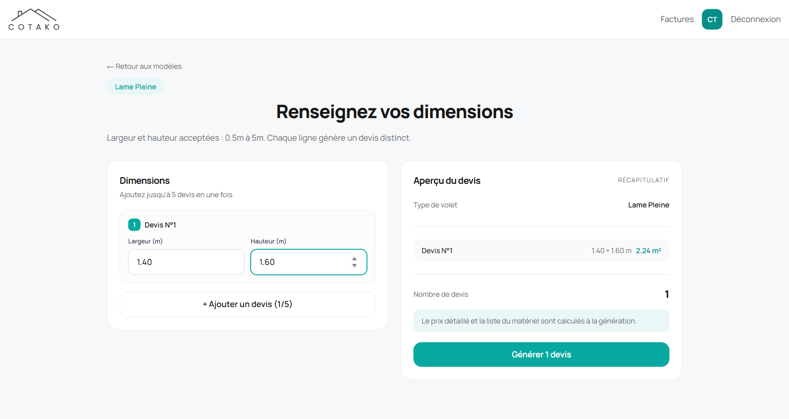 Aperçu de l'éditeur de devis COTAKO : saisie des dimensions et aperçu en direct